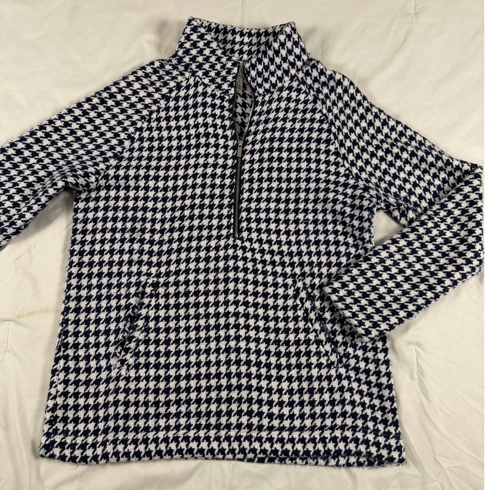 Lulu-B Navy Blue White Houndstooth Quarter Zip Pullover Mock Neck Top Womens XS